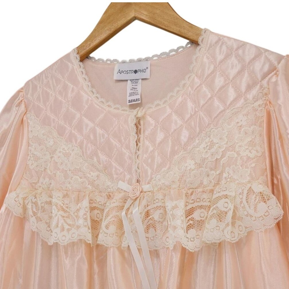 Vintage Apostrophe Satin Nightgown Sz M Peach Lace Quilted Long Sleeve